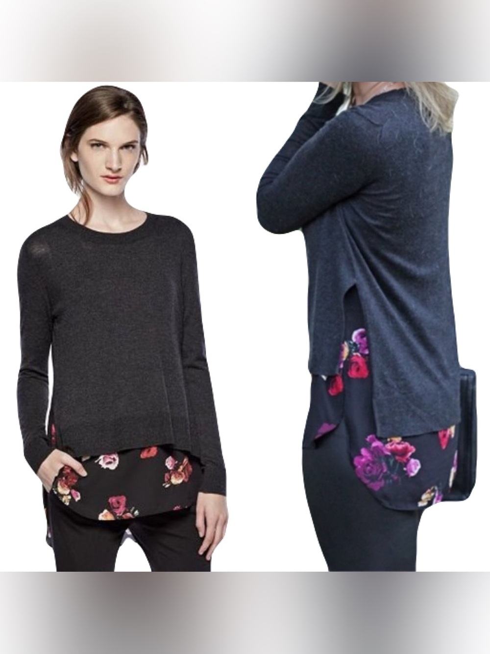 THAKOON Floral Layered Gray Knit Sweater Large Twofer Tunic Top Office Dressy